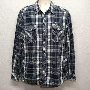 BKE Mens XXL Athletic Fit Western Shirt Snap Front Plaid Blue Long Sleeve